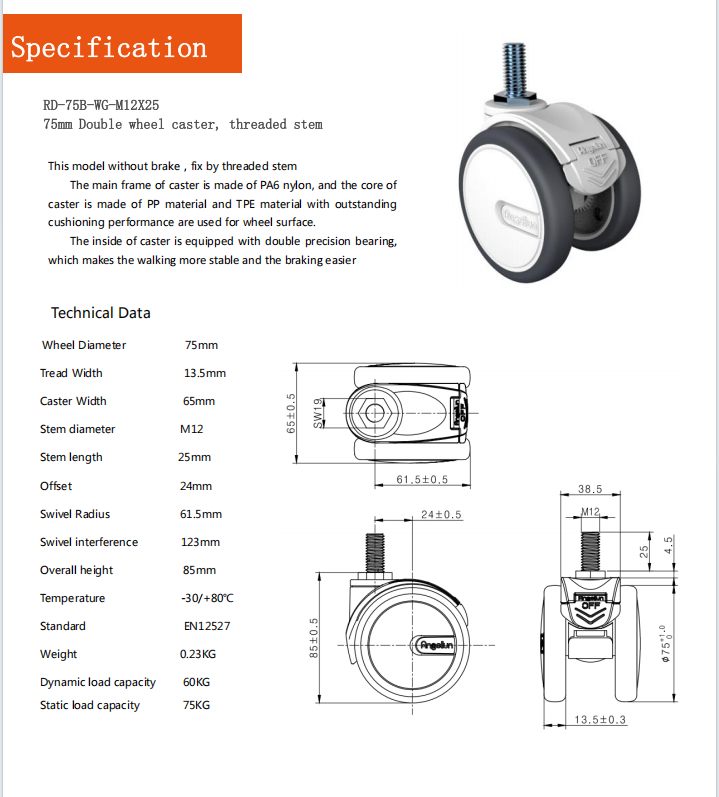 Medical Grade Twin Wheel Caster