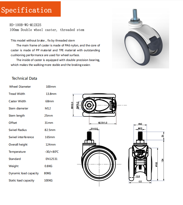 Medical Grade Twin Wheel Caster