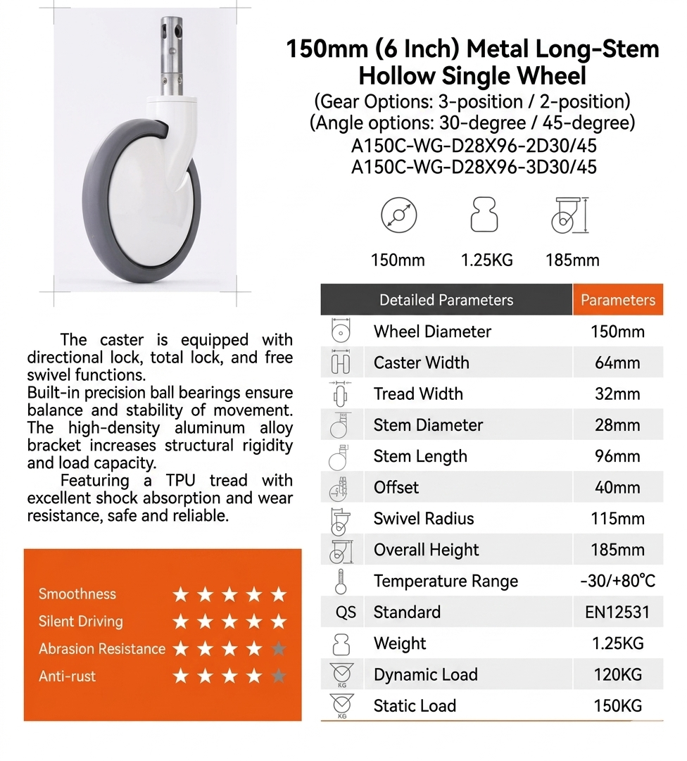 6 inch long stem medical caster