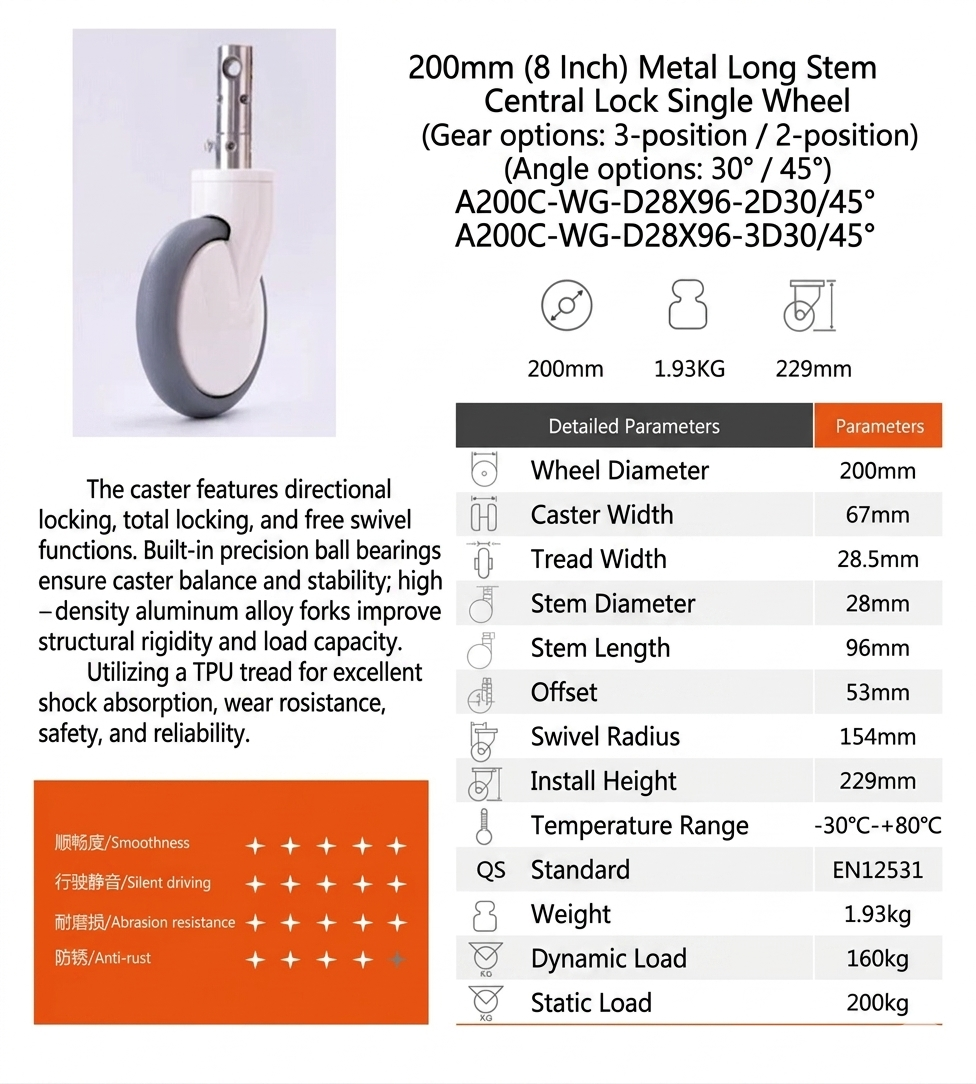 8inch long stem medical caster
