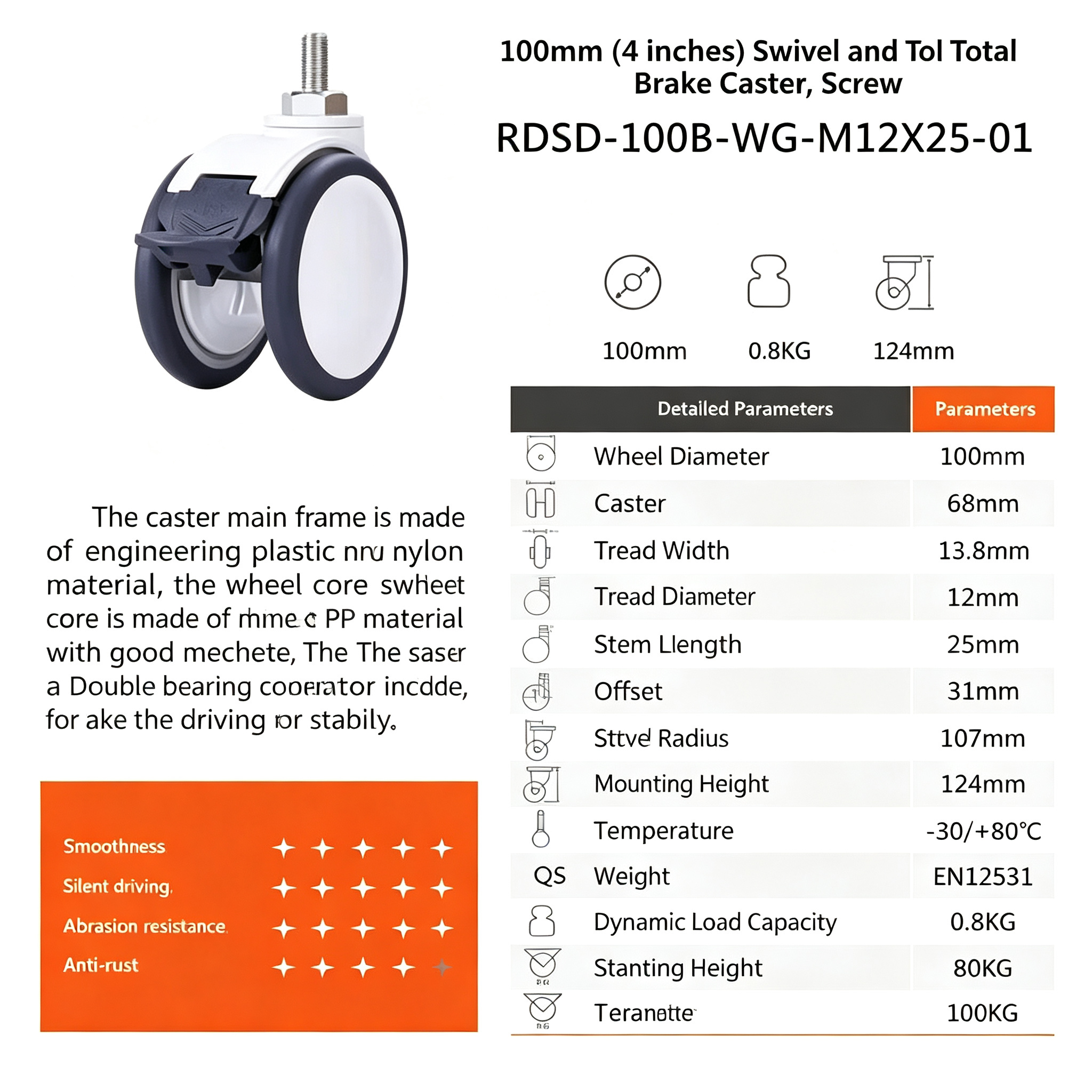 4inch Medical Grade Swivel Caster Wheels with Total Brake
