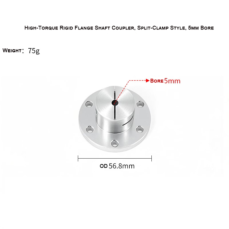 High-Torque Rigid Flange Shaft Coupler, Split-Clamp Style Bore 5mm