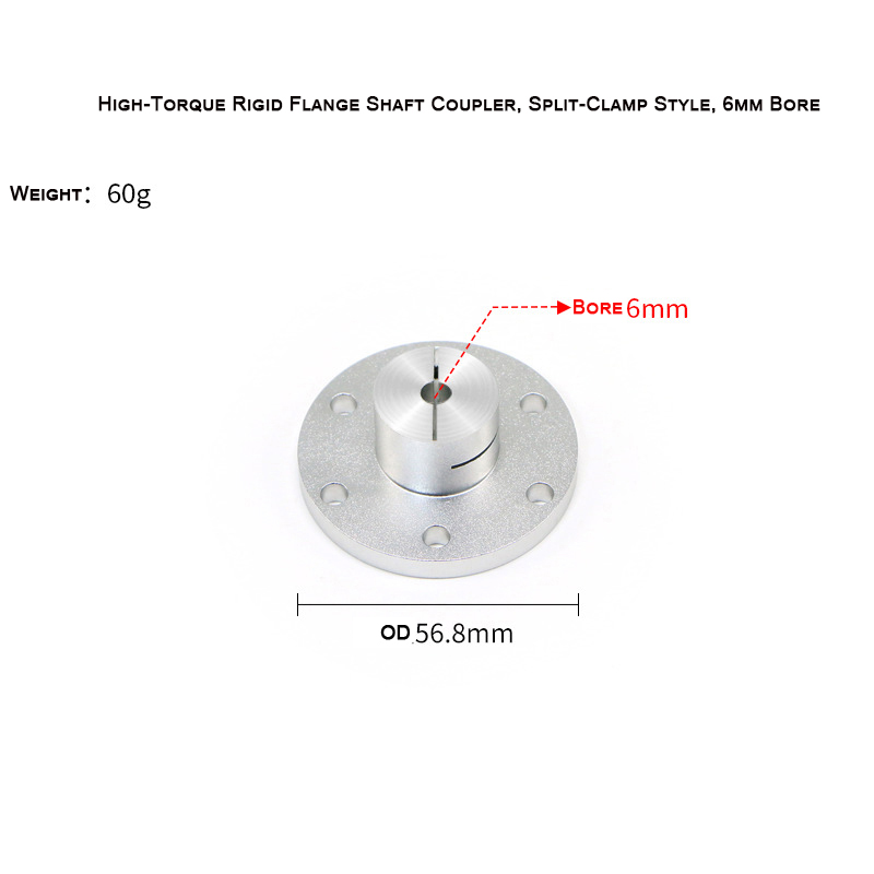 High-Torque Rigid Flange Shaft Coupler, Split-Clamp Style Bore 6mm