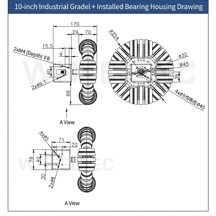 Omniwheelpro-10-inch-omni-wheel-installed beaing house-drawing