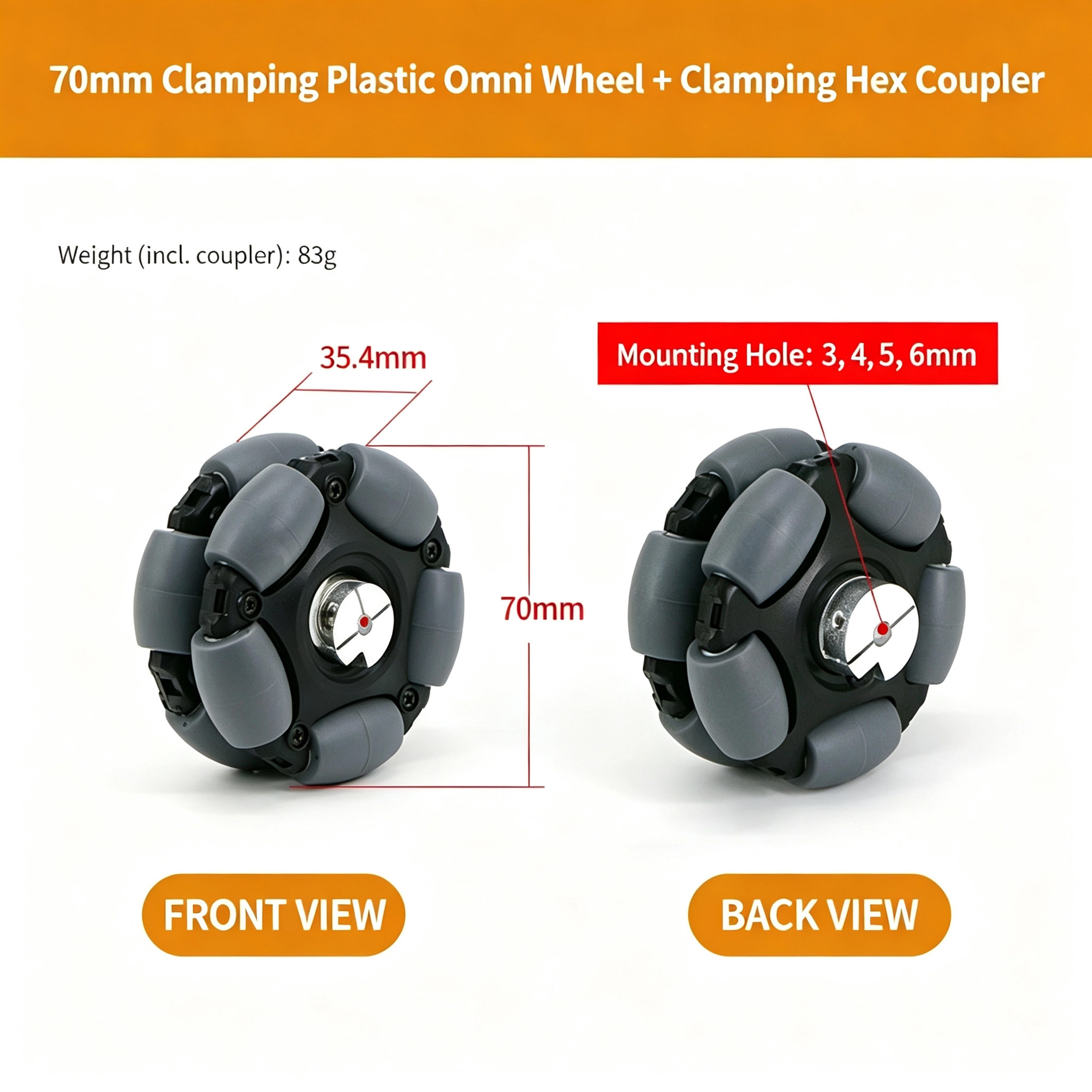70mm / 85mm Plastic Omni Wheel with Clamp-Type Coupler for Smart Robots 12V - Image 4