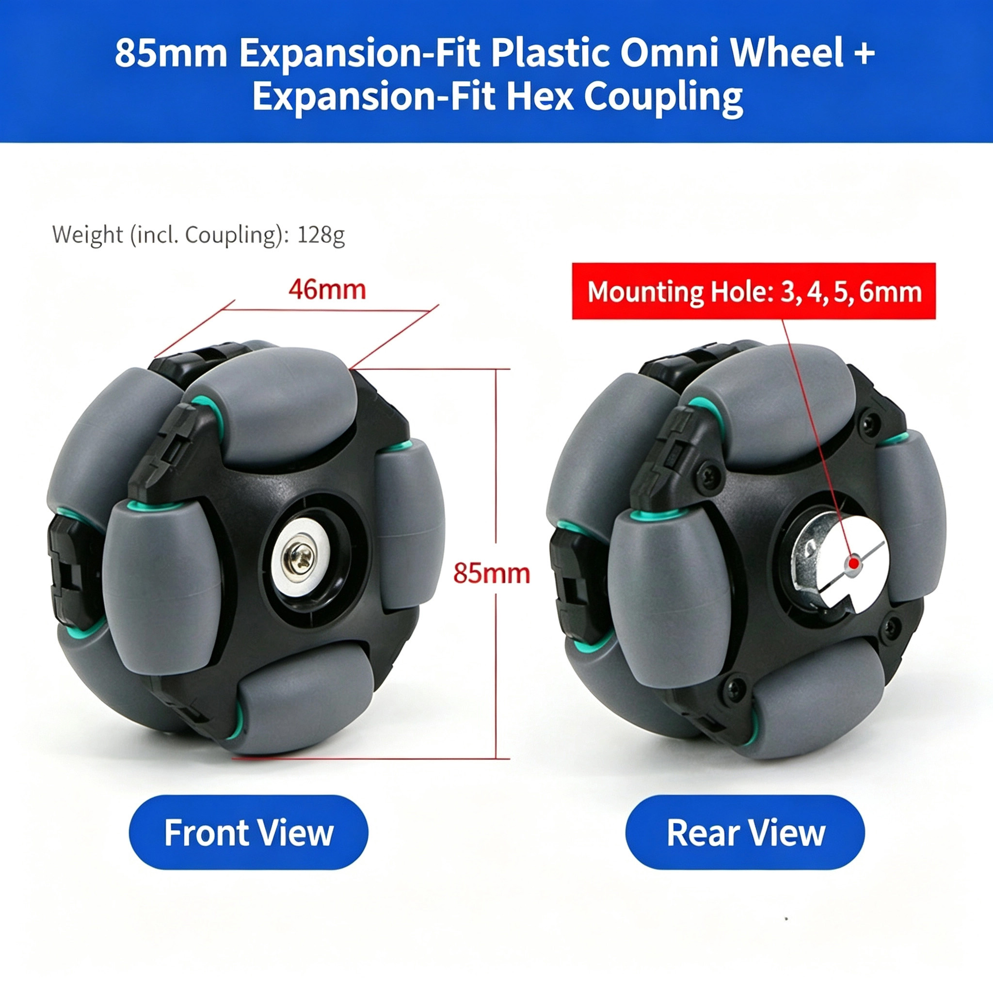 70mm / 85mm Plastic Omni Wheel with Clamp-Type Coupler
