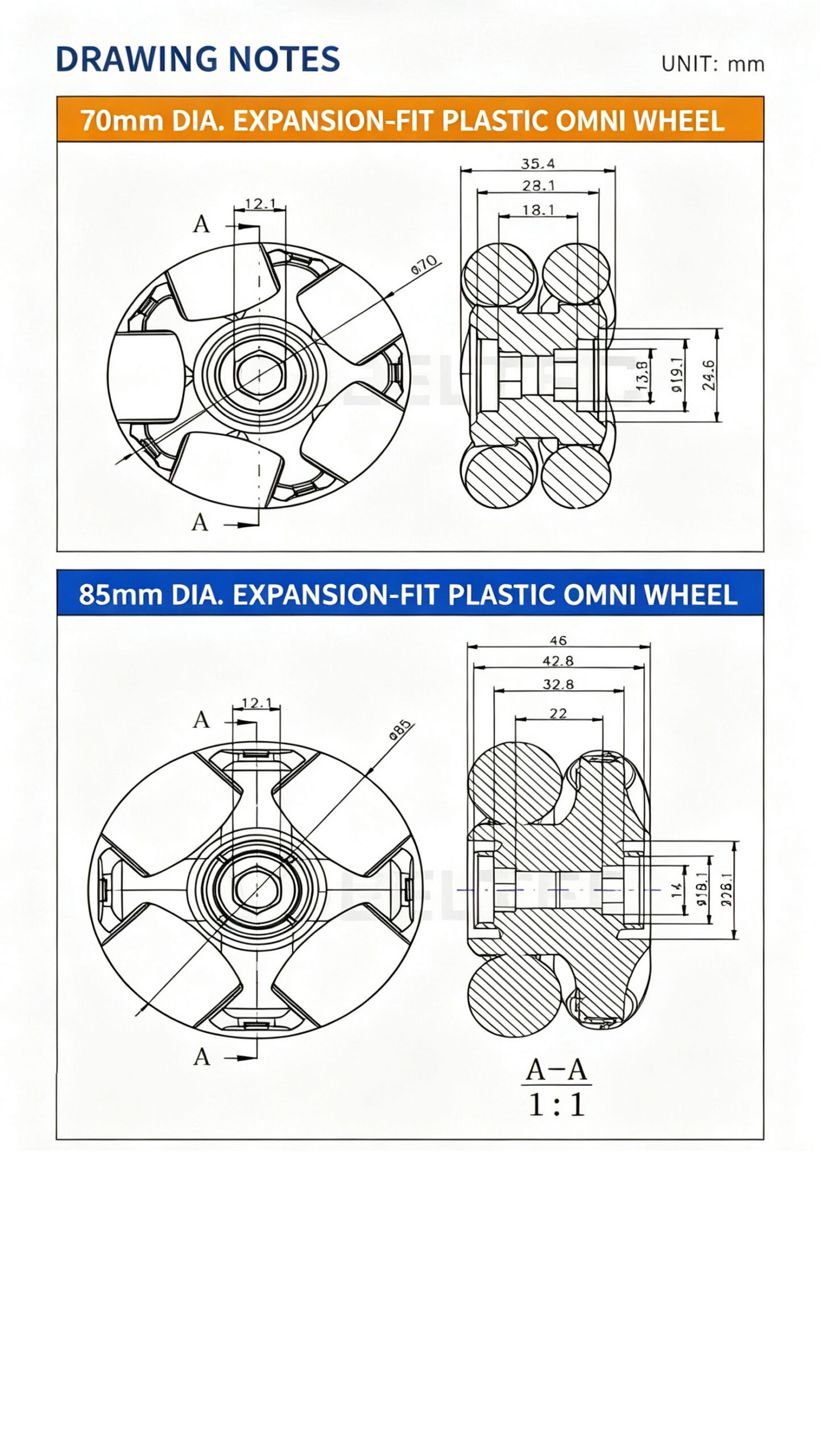 70mm / 85mm Plastic Omni Wheel with Clamp-Type Coupler