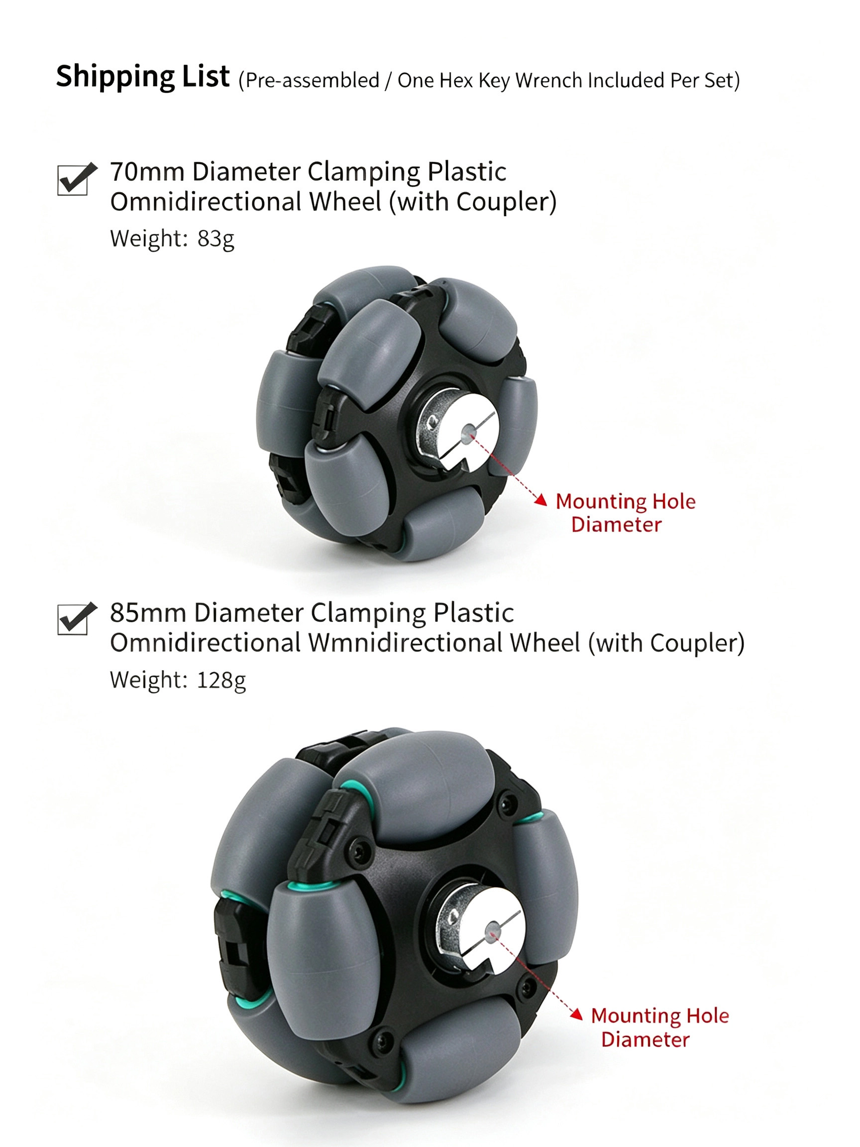 70mm / 85mm Plastic Omni Wheel with Clamp-Type Coupler